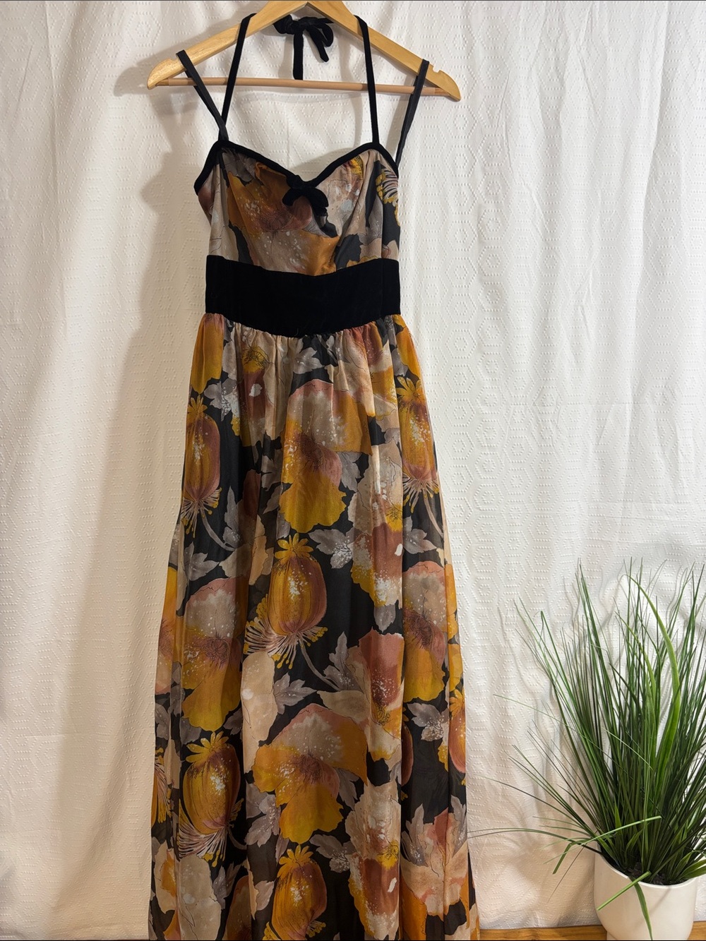 Floral Halter Maxi Dress in Mustard and Black